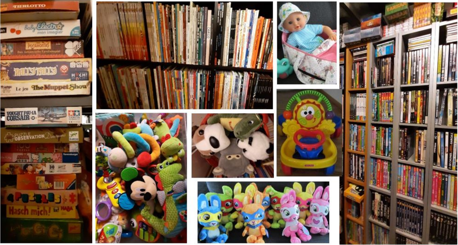 Aperçu des jouets, livres et peluches disponibles
